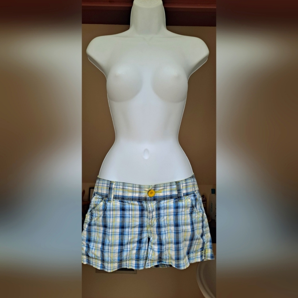 SO Juniors Plaid Short Shorts Daisy Dukes Dark Blue Neon Yellow Low Rise Shorts